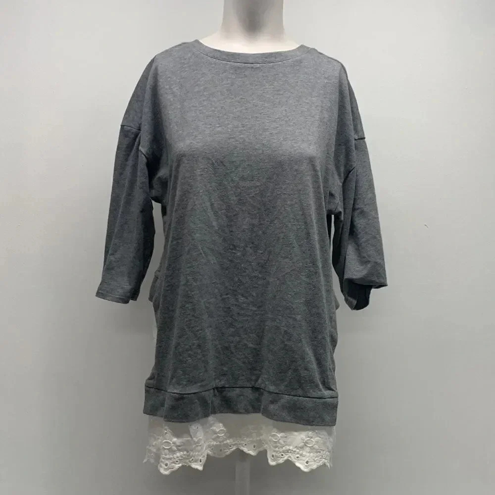 Matilda Jane Top Blouse Shirt Layered 3/4 Slv Gray Knit White Lace Eyelet Small